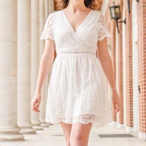 Everly Ivory Lace Fit & Flare Dress Size M Sheer Floral V-Neck